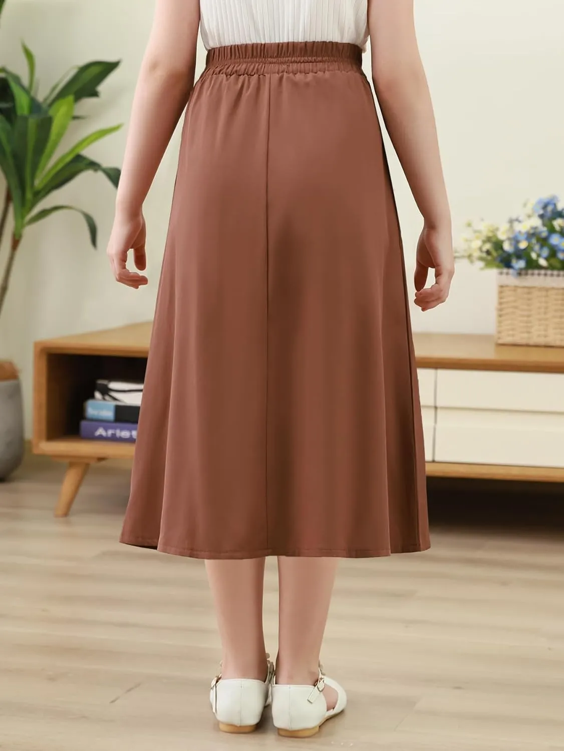 GORLYA Girls A-Line Elastic High Waist Pleated Swing Maxi Skirt with Pockets for 4-14T