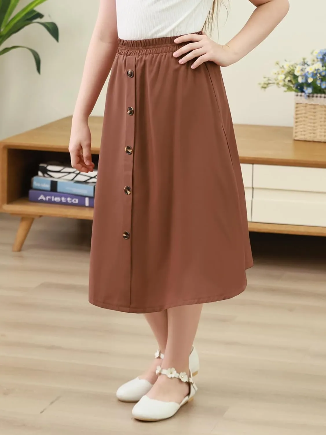GORLYA Girls A-Line Elastic High Waist Pleated Swing Maxi Skirt with Pockets for 4-14T