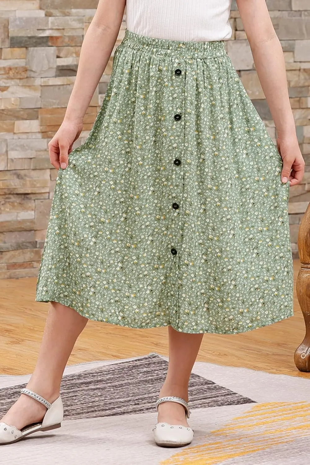 GORLYA Girls A-Line Elastic High Waist Pleated Swing Maxi Skirt with Pockets for 4-14T