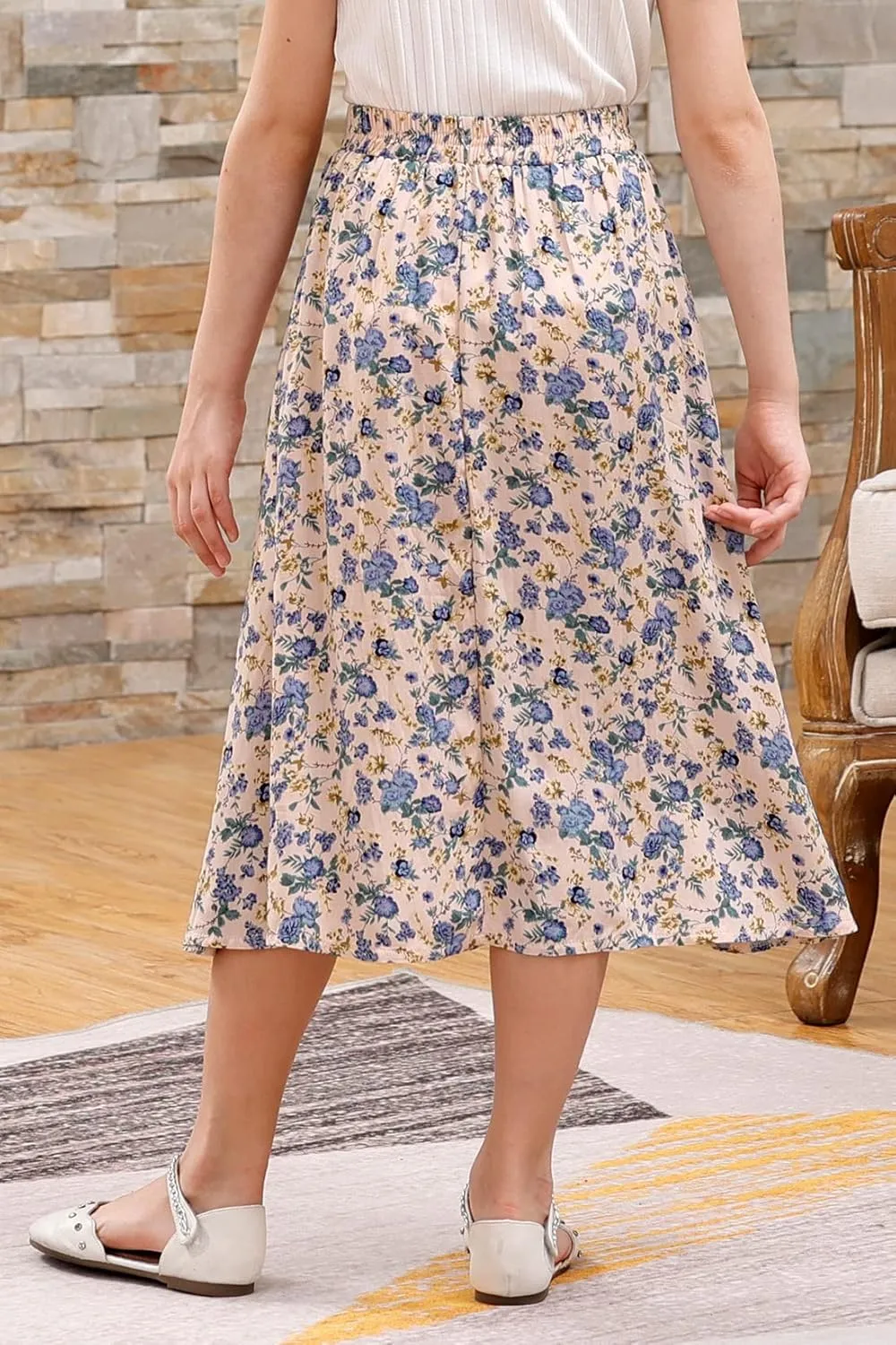 GORLYA Girls A-Line Elastic High Waist Pleated Swing Maxi Skirt with Pockets for 4-14T
