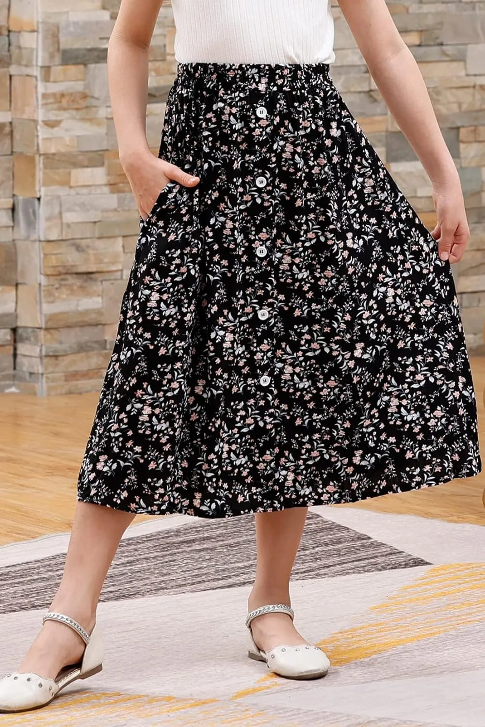 GORLYA Girls A-Line Elastic High Waist Pleated Swing Maxi Skirt with Pockets for 4-14T
