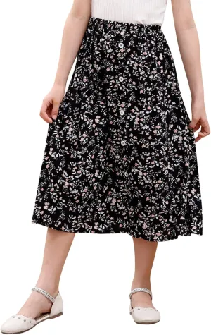 GORLYA Girls A-Line Elastic High Waist Pleated Swing Maxi Skirt with Pockets for 4-14T