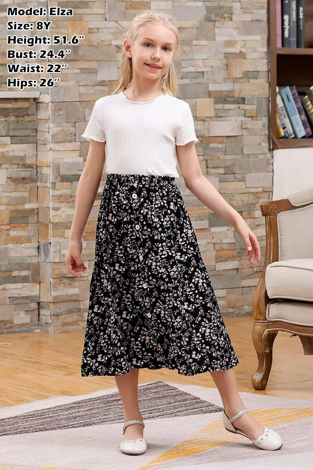 GORLYA Girls A-Line Elastic High Waist Pleated Swing Maxi Skirt with Pockets for 4-14T