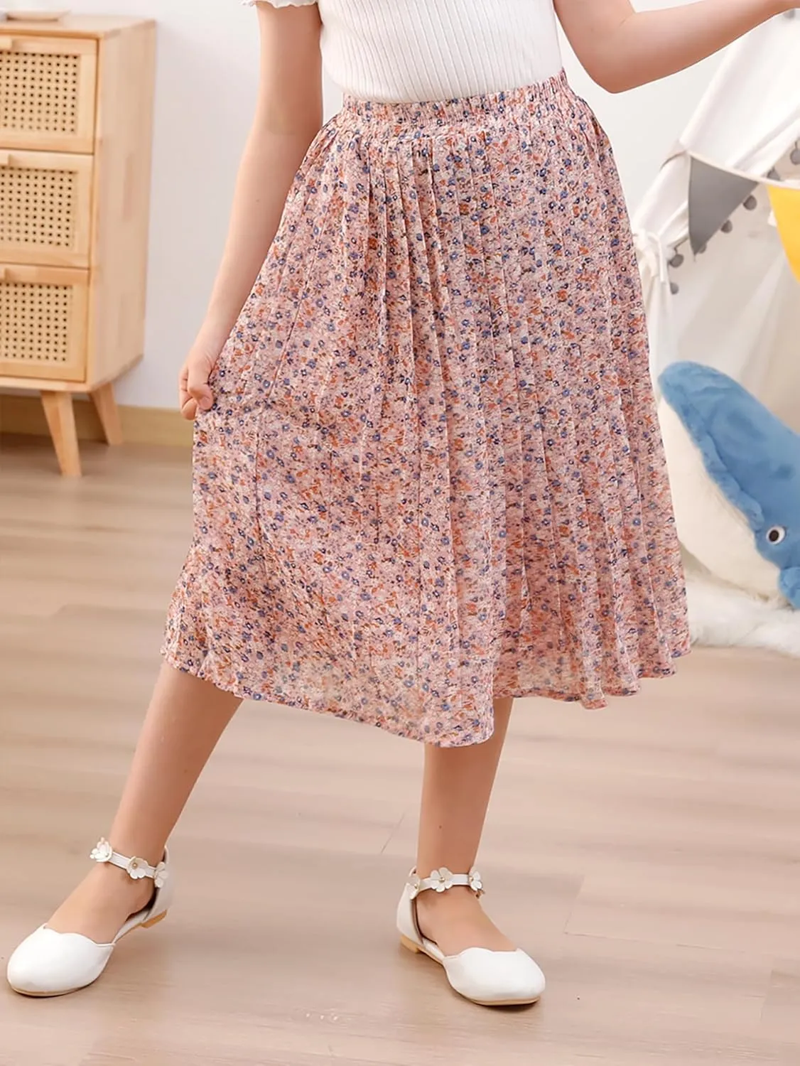 GORLYA Girls Chiffon Pleated Elastic High Waist A-Line Boho Swing Maxi Long Skirt 4-14T