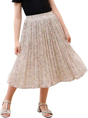 GORLYA Girls Chiffon Pleated Elastic High Waist A-Line Boho Swing Maxi Long Skirt 4-14T