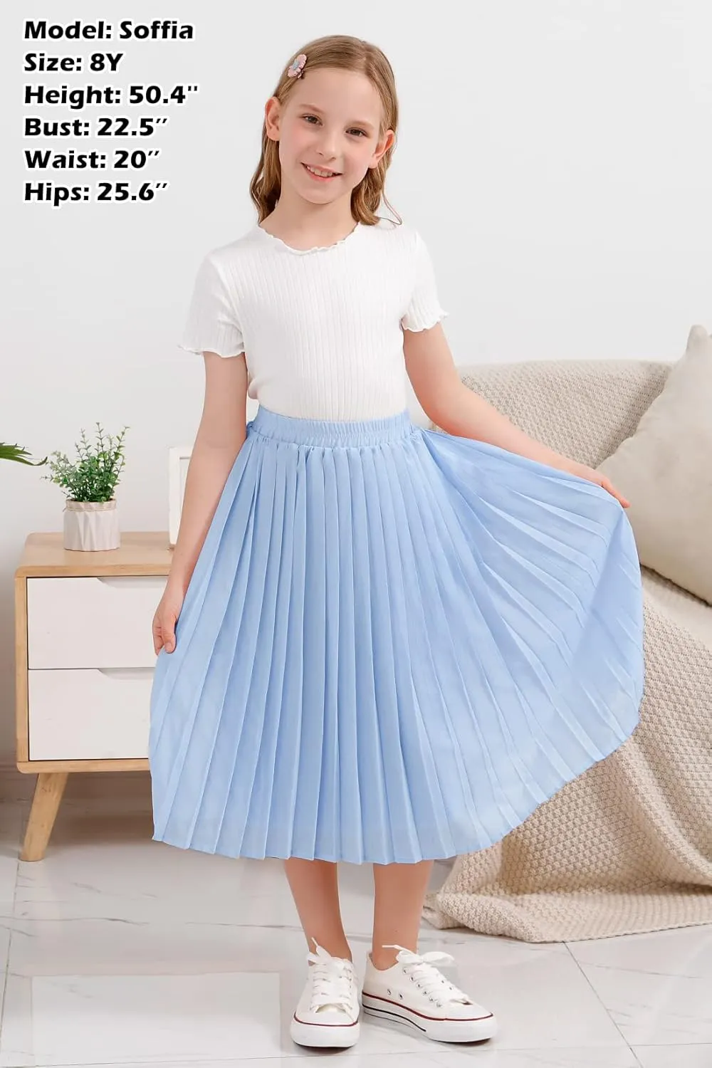 GORLYA Girls Chiffon Pleated Elastic High Waist A-Line Boho Swing Maxi Long Skirt 4-14T
