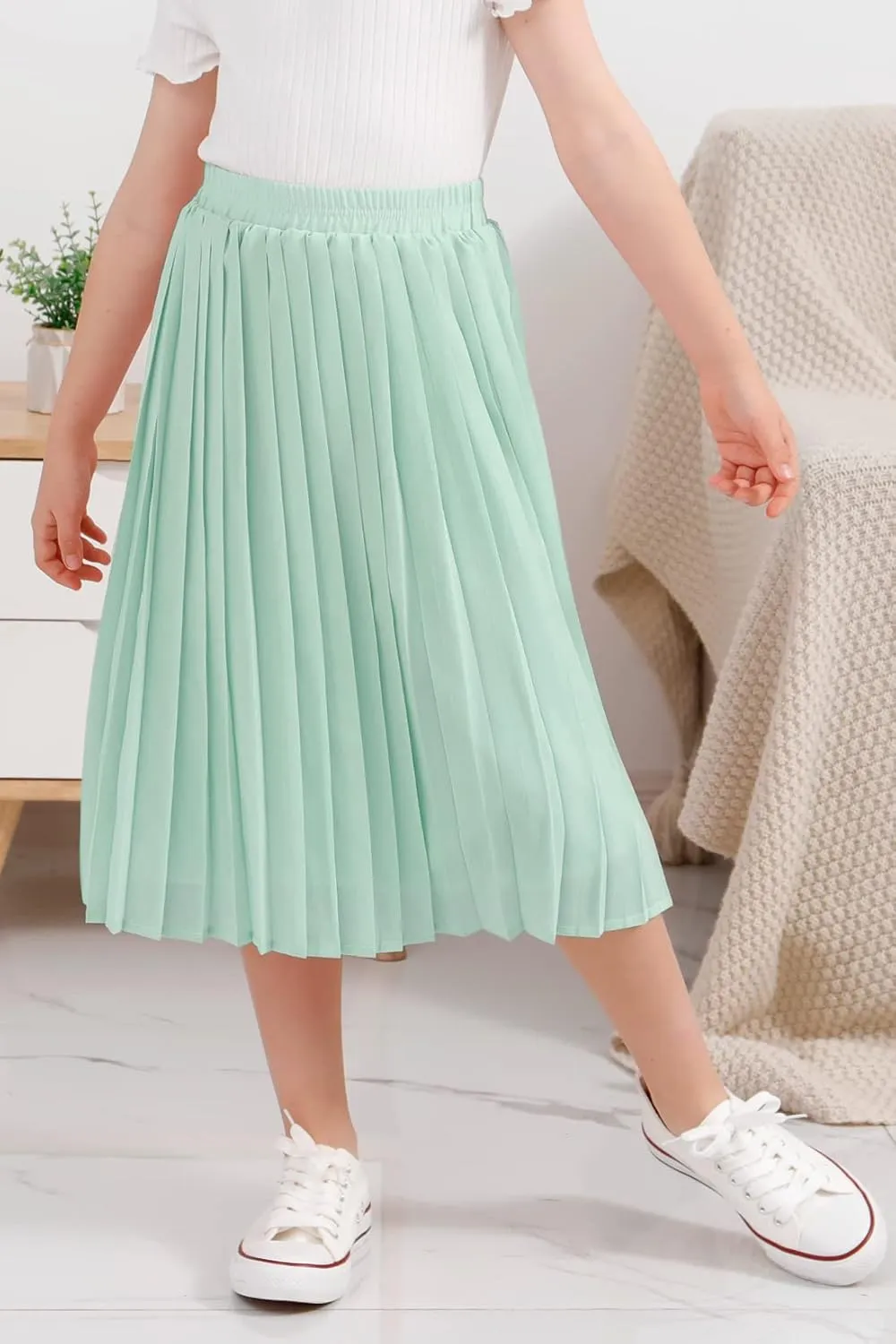 GORLYA Girls Chiffon Pleated Elastic High Waist A-Line Boho Swing Maxi Long Skirt 4-14T
