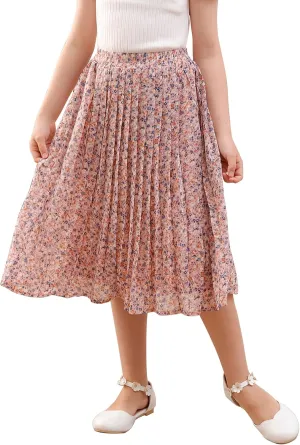 GORLYA Girls Chiffon Pleated Elastic High Waist A-Line Boho Swing Maxi Long Skirt 4-14T