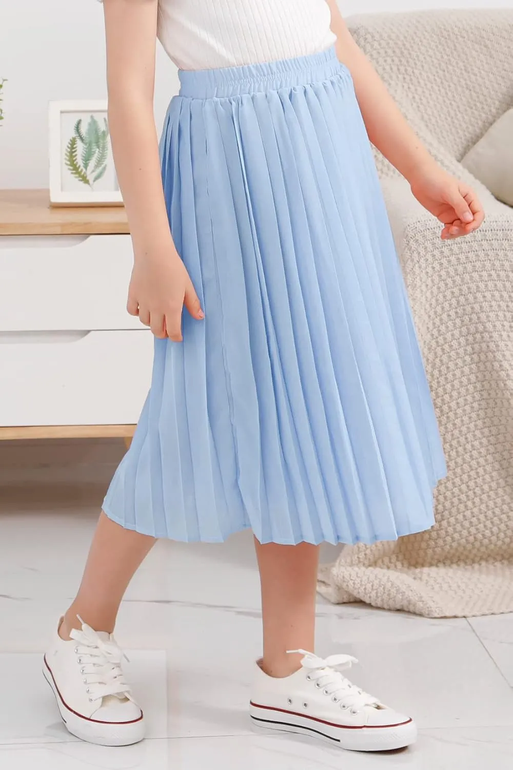 GORLYA Girls Chiffon Pleated Elastic High Waist A-Line Boho Swing Maxi Long Skirt 4-14T