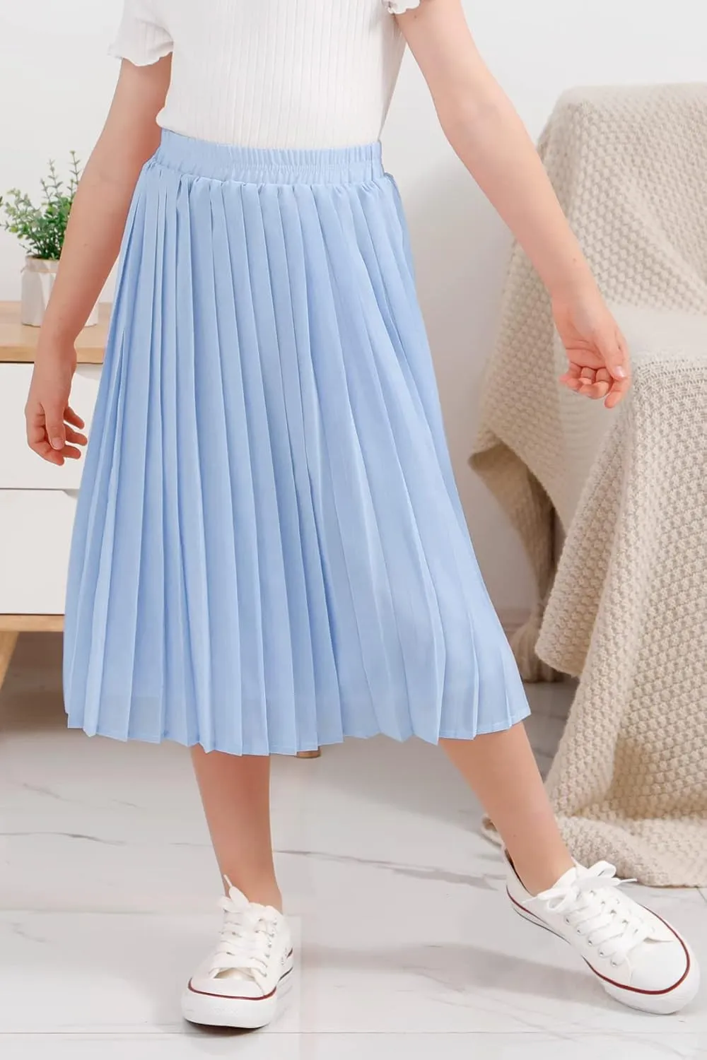 GORLYA Girls Chiffon Pleated Elastic High Waist A-Line Boho Swing Maxi Long Skirt 4-14T