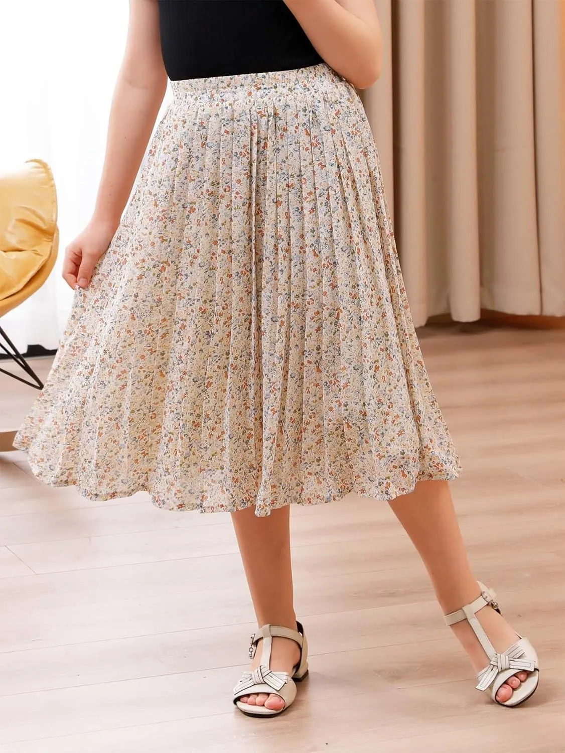 GORLYA Girls Chiffon Pleated Elastic High Waist A-Line Boho Swing Maxi Long Skirt 4-14T