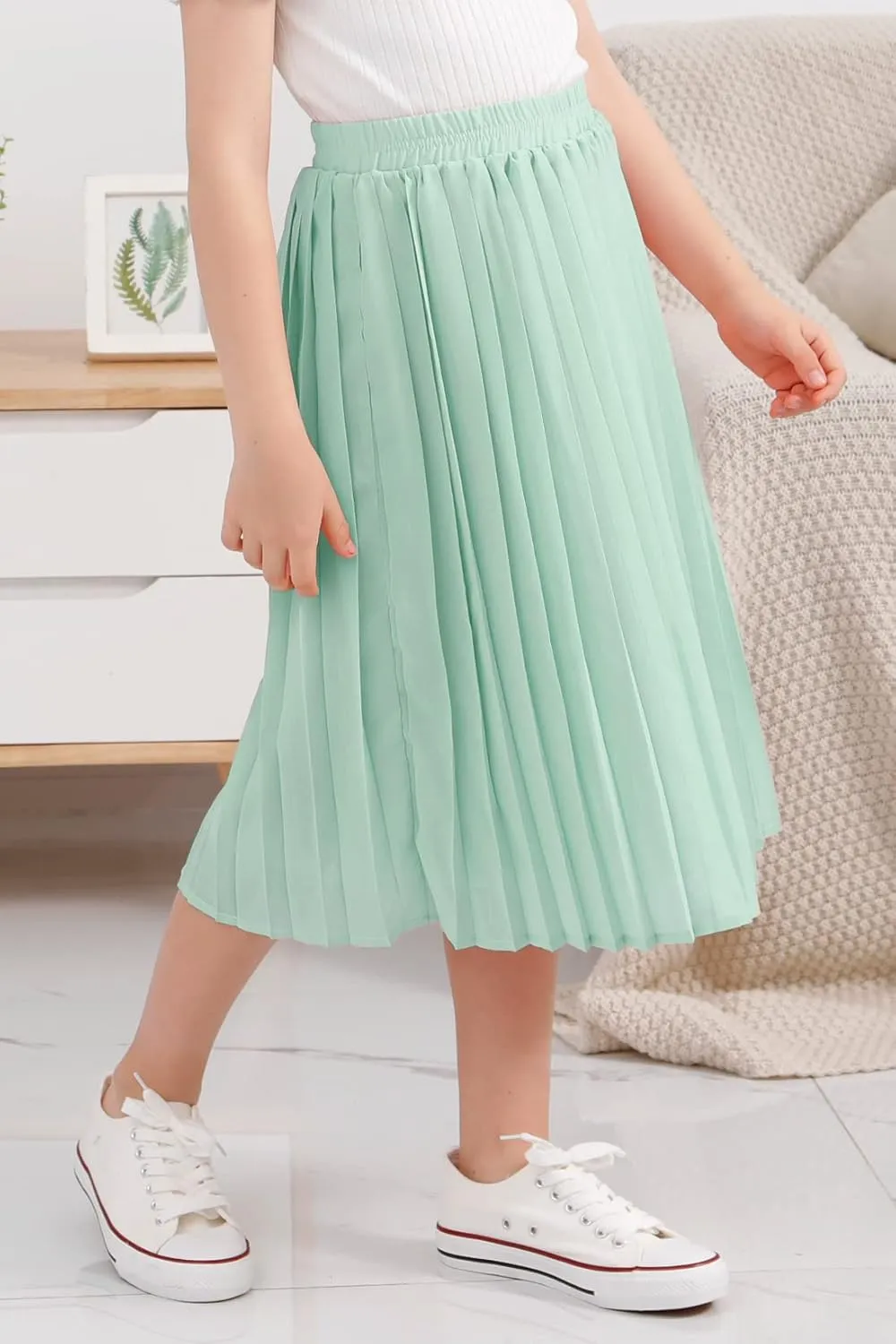 GORLYA Girls Chiffon Pleated Elastic High Waist A-Line Boho Swing Maxi Long Skirt 4-14T