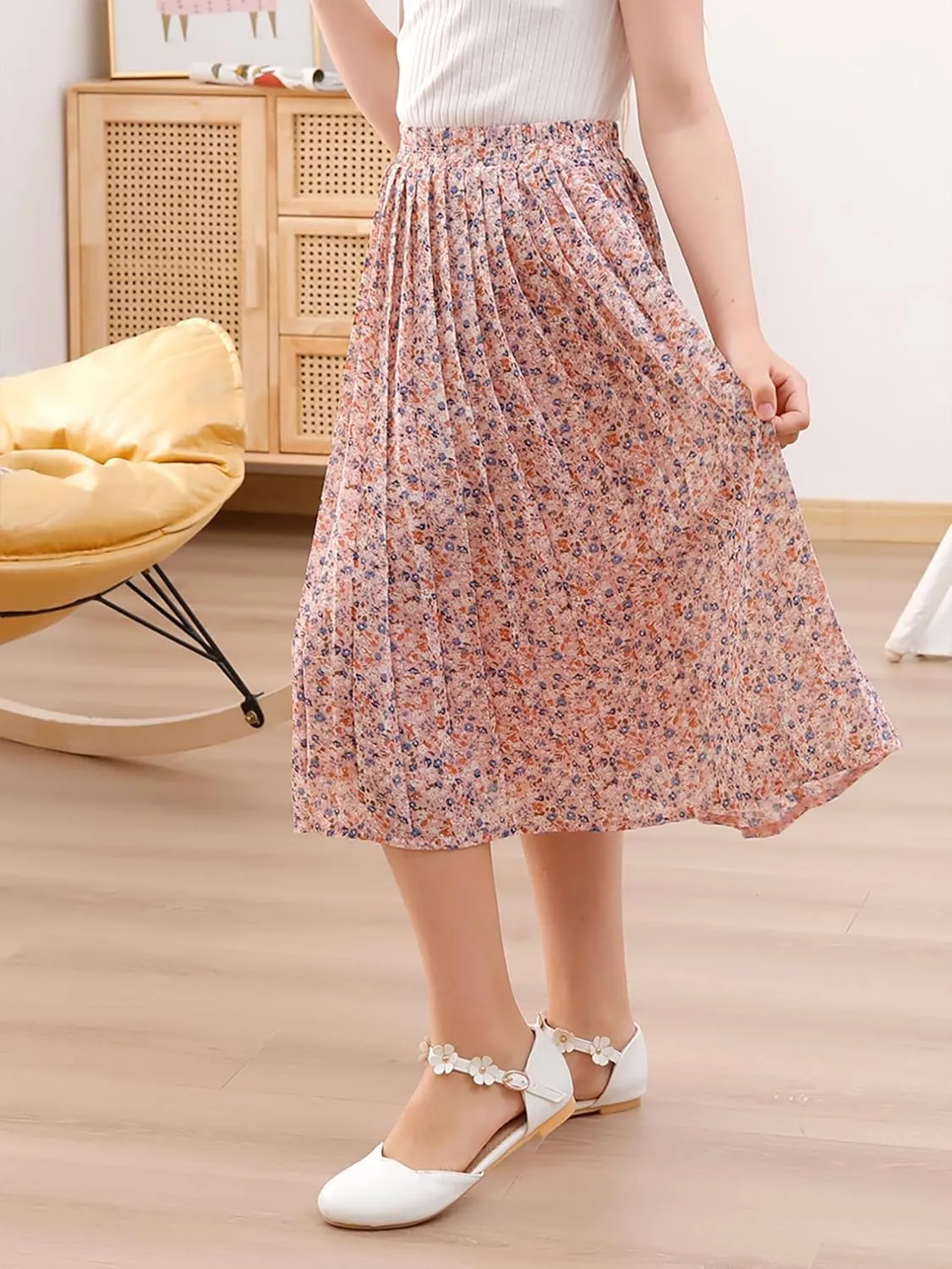 GORLYA Girls Chiffon Pleated Elastic High Waist A-Line Boho Swing Maxi Long Skirt 4-14T