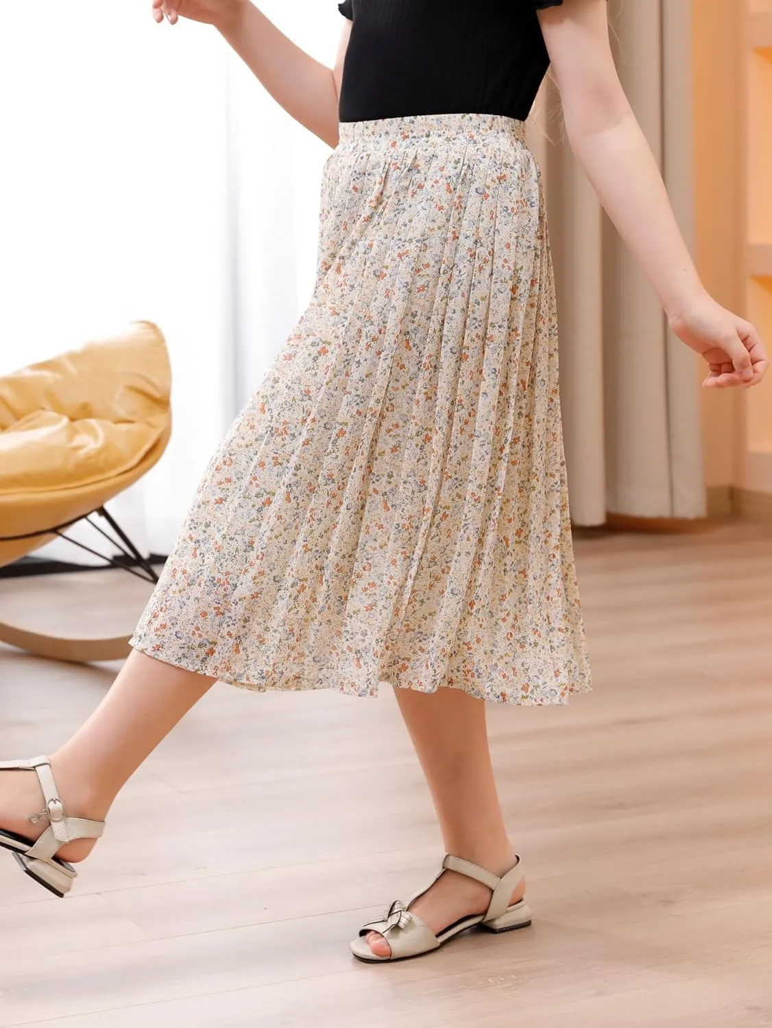 GORLYA Girls Chiffon Pleated Elastic High Waist A-Line Boho Swing Maxi Long Skirt 4-14T