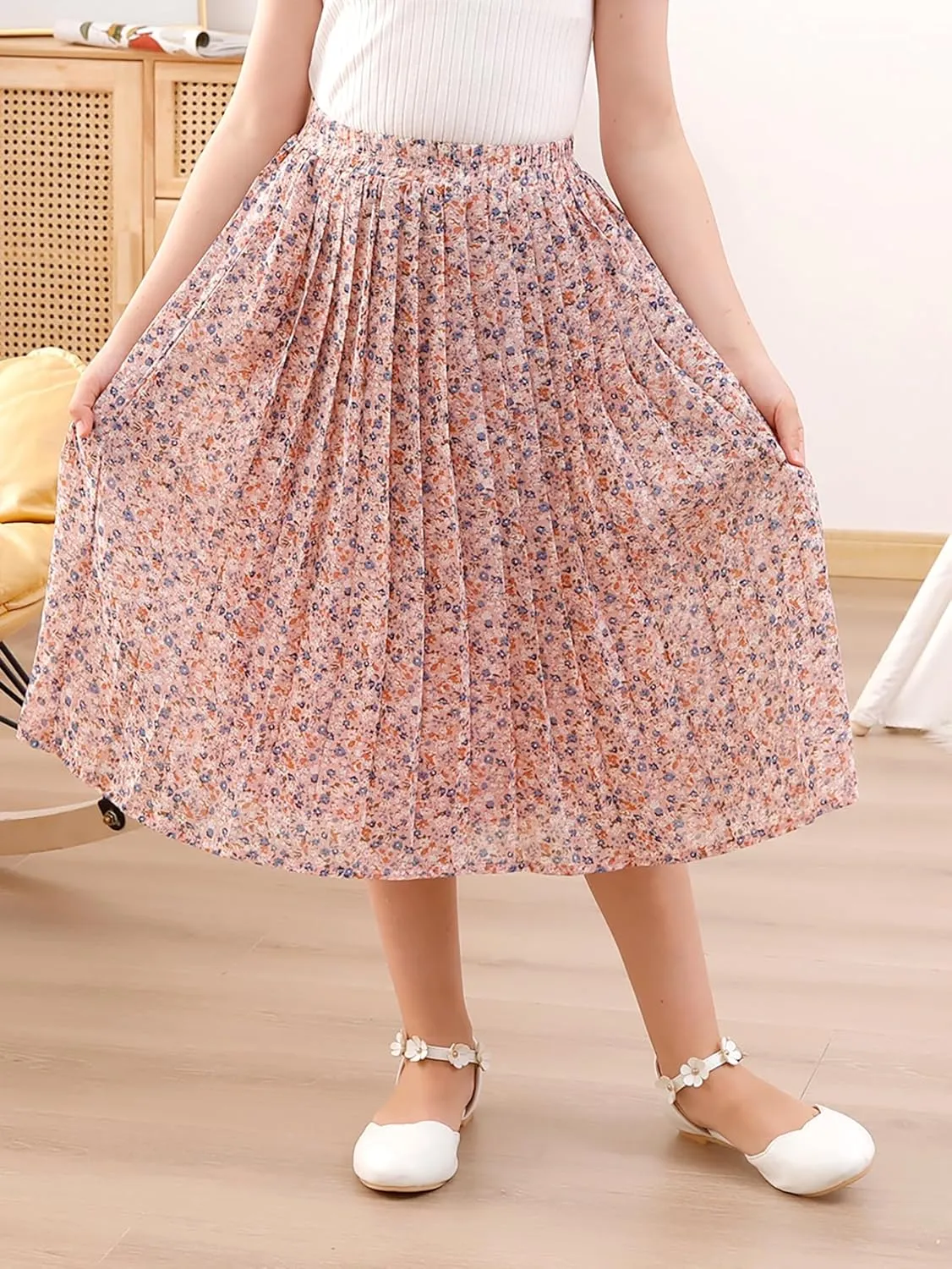 GORLYA Girls Chiffon Pleated Elastic High Waist A-Line Boho Swing Maxi Long Skirt 4-14T