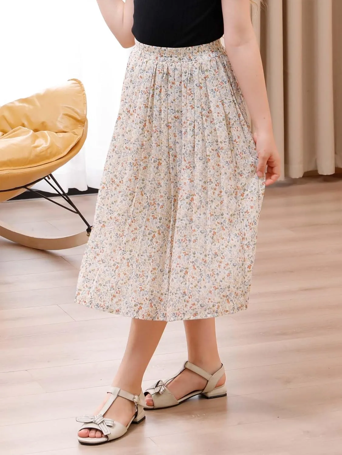 GORLYA Girls Chiffon Pleated Elastic High Waist A-Line Boho Swing Maxi Long Skirt 4-14T