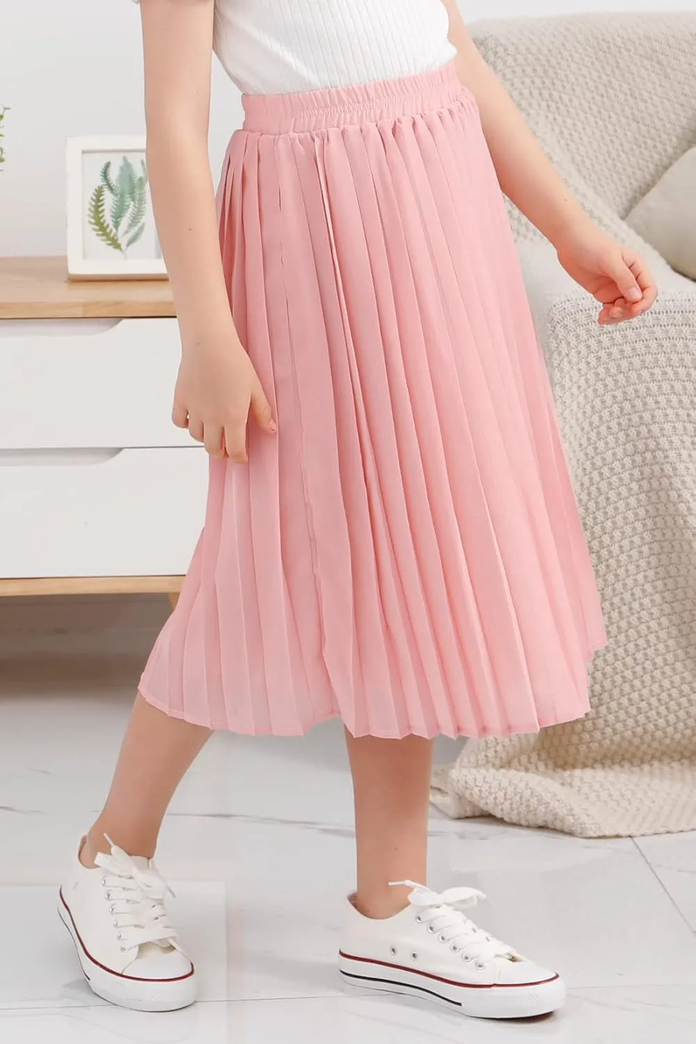 GORLYA Girls Chiffon Pleated Elastic High Waist A-Line Boho Swing Maxi Long Skirt 4-14T