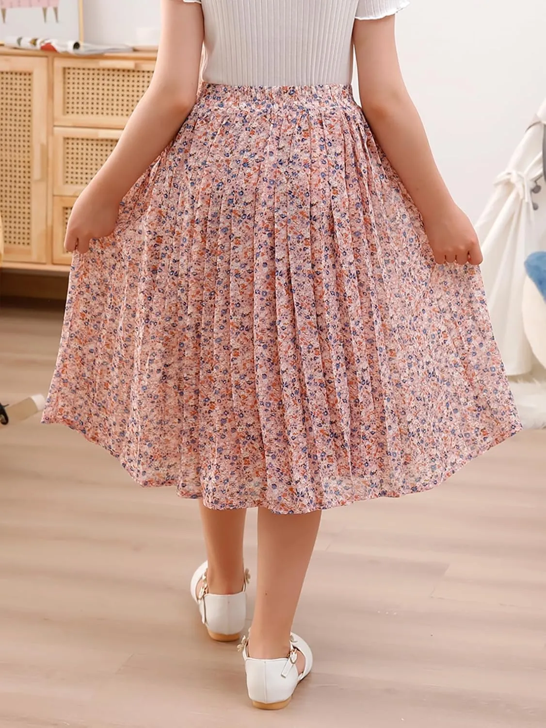 GORLYA Girls Chiffon Pleated Elastic High Waist A-Line Boho Swing Maxi Long Skirt 4-14T