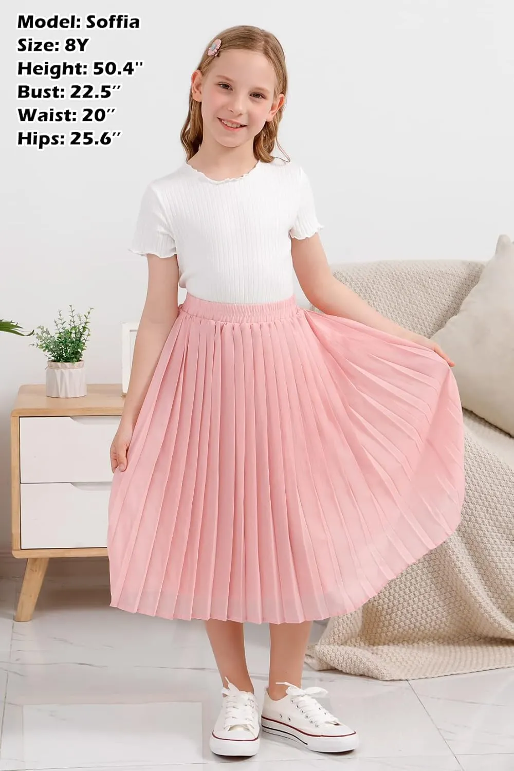 GORLYA Girls Chiffon Pleated Elastic High Waist A-Line Boho Swing Maxi Long Skirt 4-14T