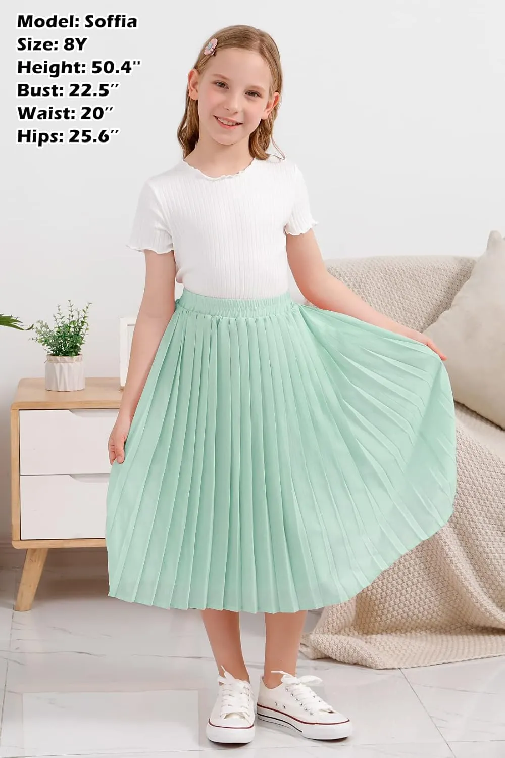 GORLYA Girls Chiffon Pleated Elastic High Waist A-Line Boho Swing Maxi Long Skirt 4-14T