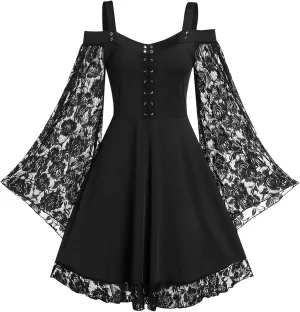 Gothic Vintage Lace Patchwork Dress For Women Plus Size Goth Bandage Ladies Spaghetti Strap Cute Aline Medieval Dresses 2023