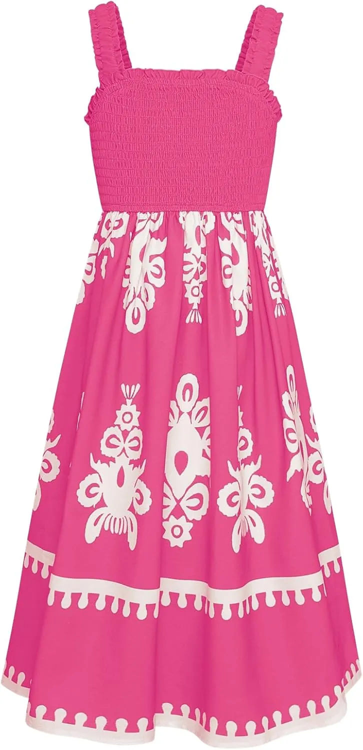 GRACE KARIN Girls Summer Boho Dresses Square Neck Smocked Sundresses Casual Sleeveless Maxi Dress for Girls 5-12Y