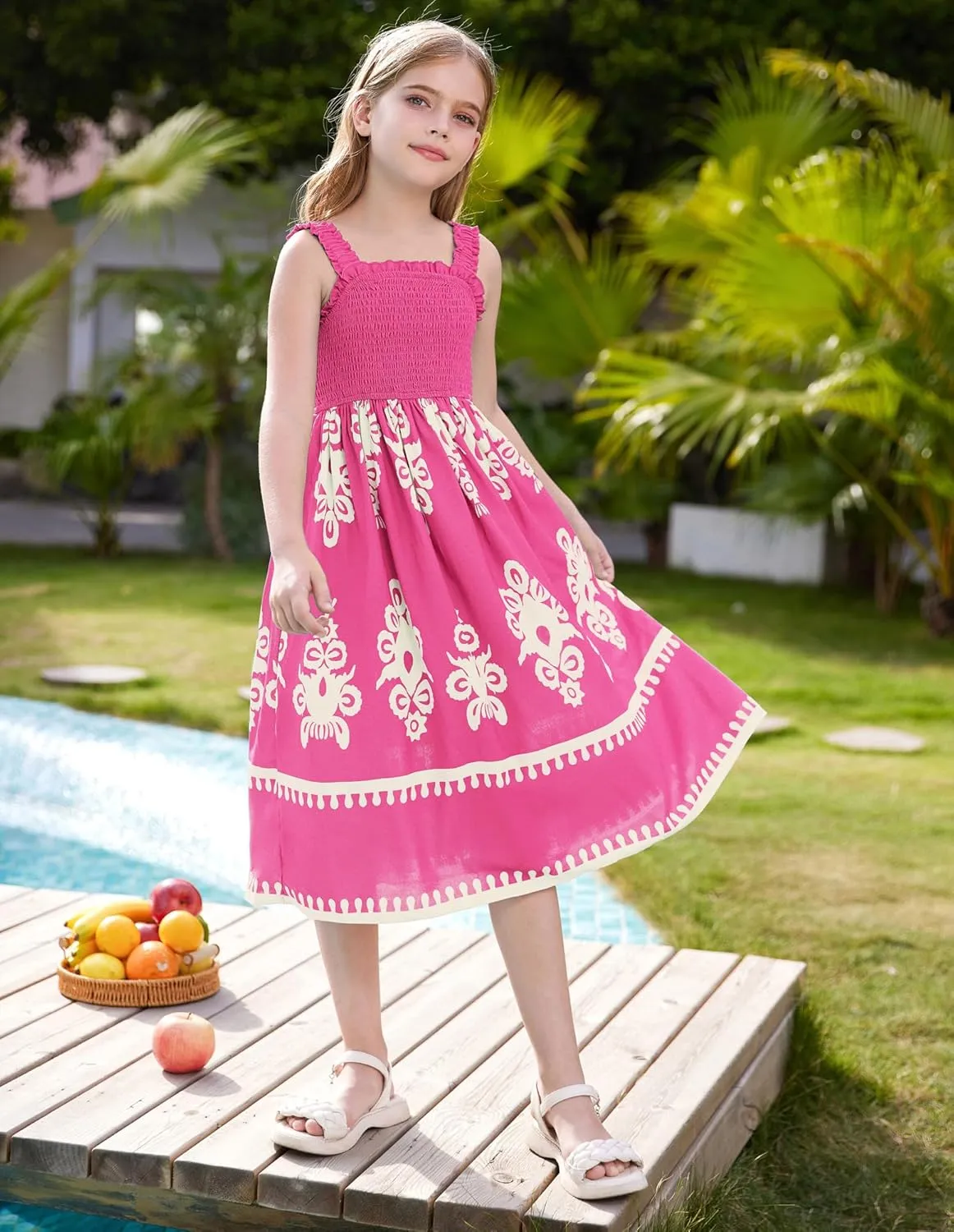 GRACE KARIN Girls Summer Boho Dresses Square Neck Smocked Sundresses Casual Sleeveless Maxi Dress for Girls 5-12Y