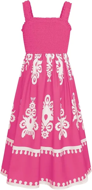 GRACE KARIN Girls Summer Boho Dresses Square Neck Smocked Sundresses Casual Sleeveless Maxi Dress for Girls 5-12Y
