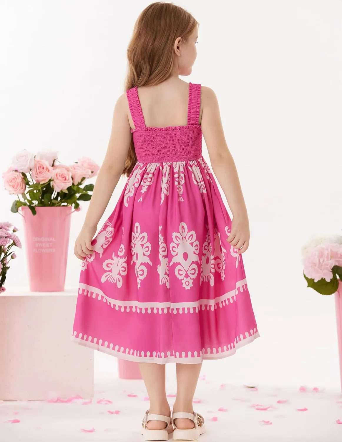 GRACE KARIN Girls Summer Boho Dresses Square Neck Smocked Sundresses Casual Sleeveless Maxi Dress for Girls 5-12Y