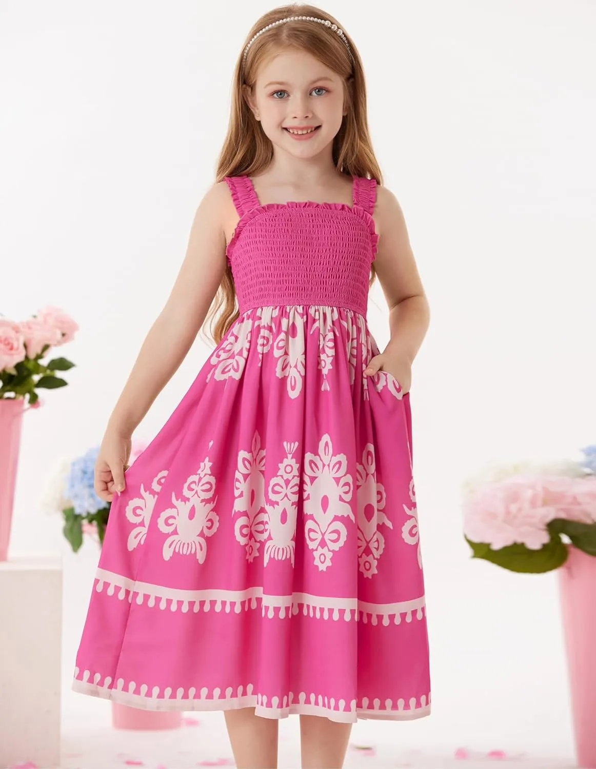 GRACE KARIN Girls Summer Boho Dresses Square Neck Smocked Sundresses Casual Sleeveless Maxi Dress for Girls 5-12Y