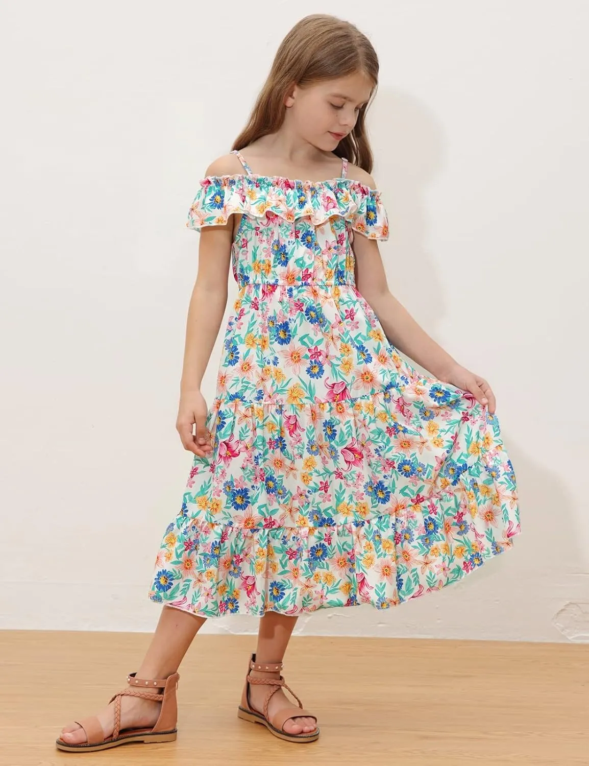 GRACE KARIN Girls Summer Dress Off Shoulder Ruffle Floral Spaghetti Strap Casual Sundress Tiered Midi Dress