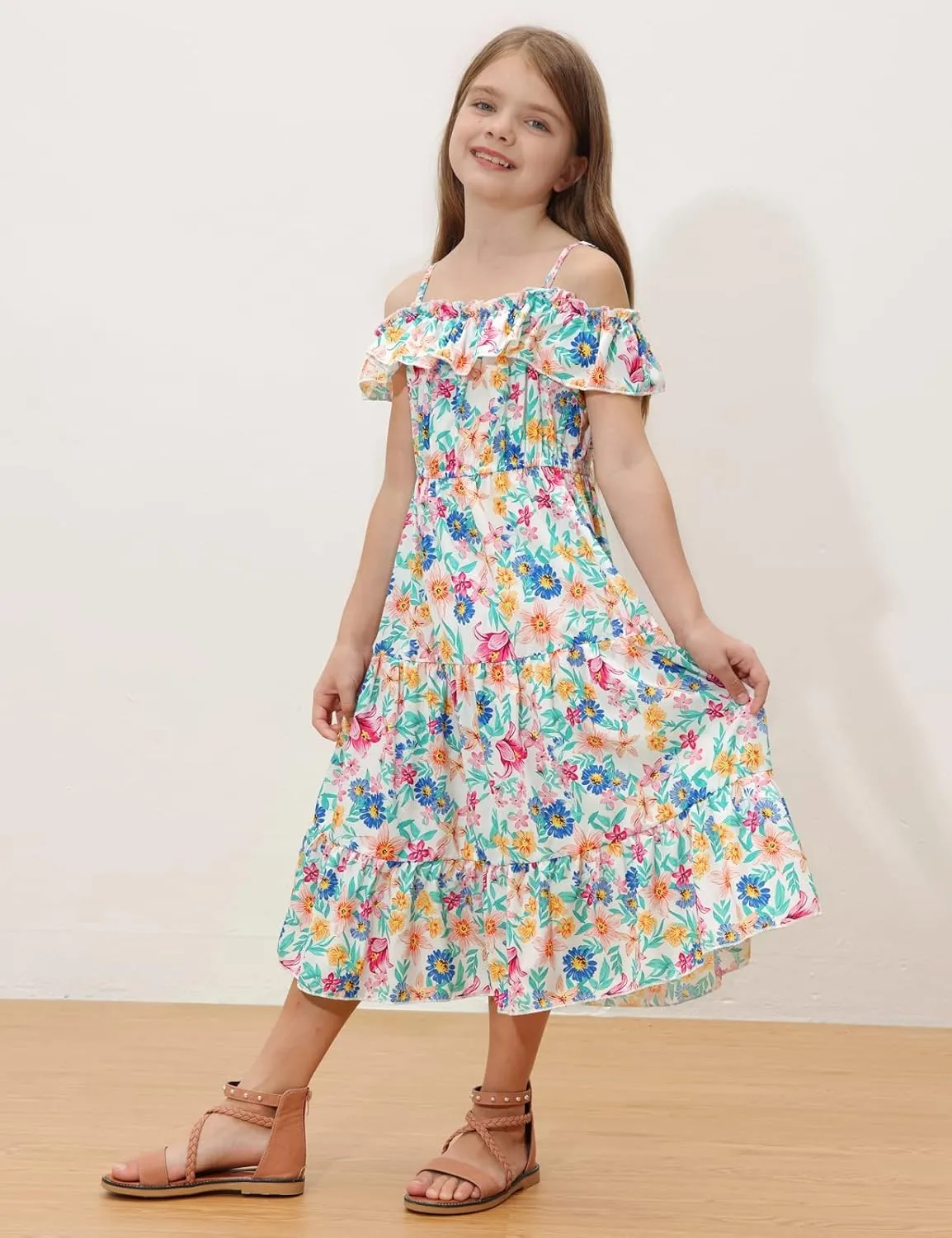 GRACE KARIN Girls Summer Dress Off Shoulder Ruffle Floral Spaghetti Strap Casual Sundress Tiered Midi Dress