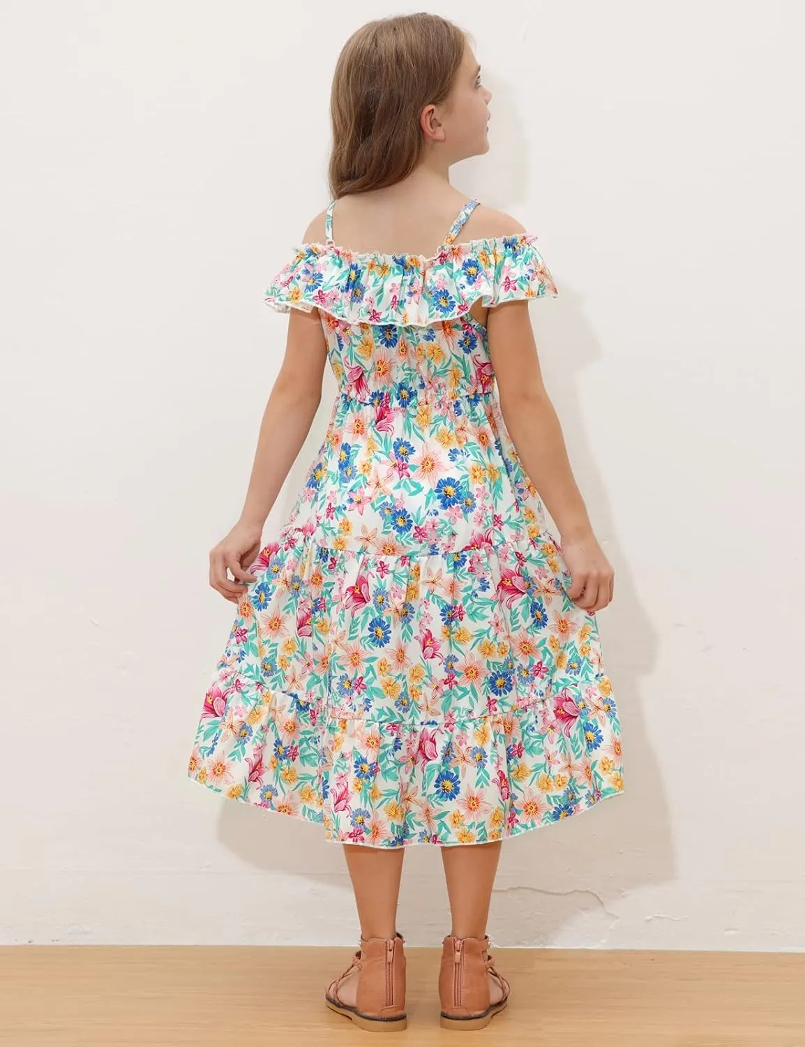 GRACE KARIN Girls Summer Dress Off Shoulder Ruffle Floral Spaghetti Strap Casual Sundress Tiered Midi Dress