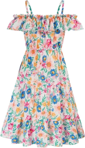 GRACE KARIN Girls Summer Dress Off Shoulder Ruffle Floral Spaghetti Strap Casual Sundress Tiered Midi Dress