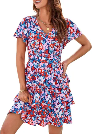 GRACE KARIN Women's Summer Dresses 2025 Floral Short Sleeve V Neck Ruffle Tiered Layered Boho Mini Dress