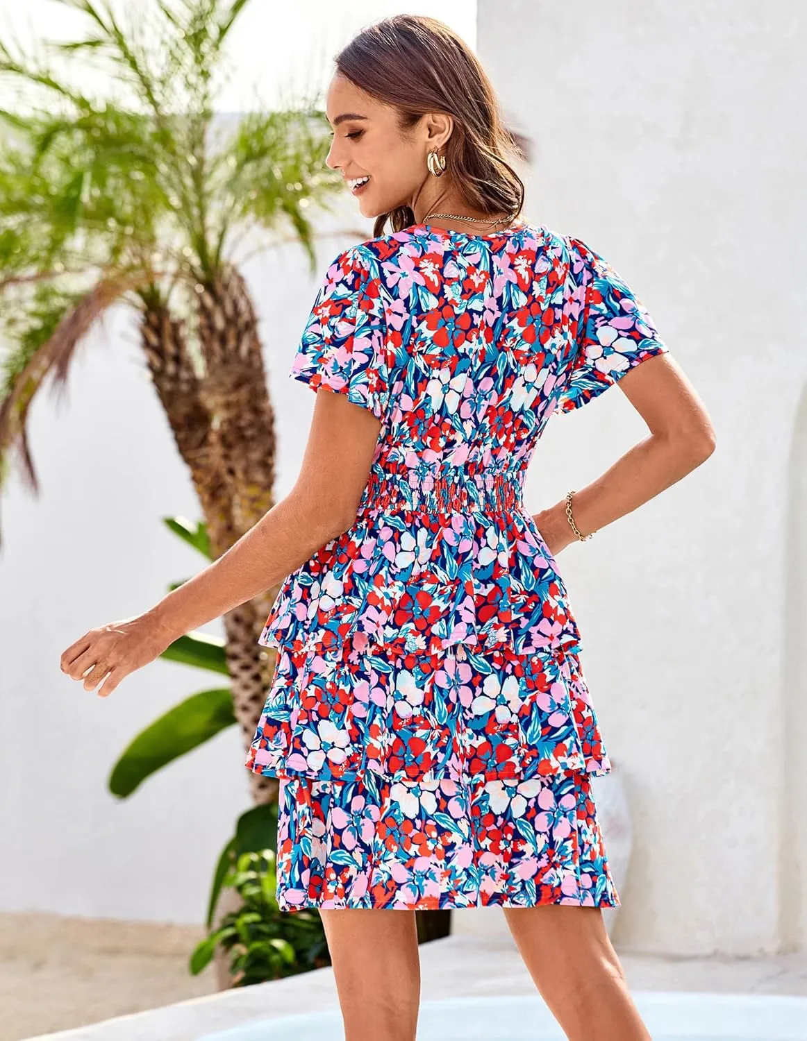 GRACE KARIN Women's Summer Dresses 2025 Floral Short Sleeve V Neck Ruffle Tiered Layered Boho Mini Dress