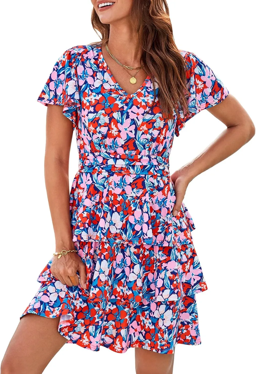 GRACE KARIN Women's Summer Dresses 2025 Floral Short Sleeve V Neck Ruffle Tiered Layered Boho Mini Dress