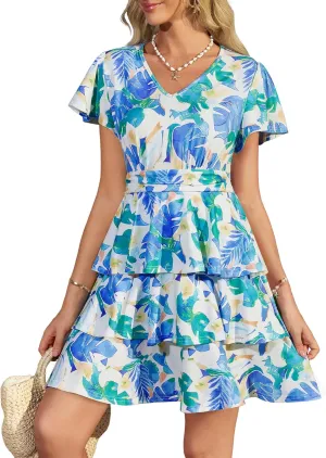 GRACE KARIN Women's Summer Dresses 2025 Floral Short Sleeve V Neck Ruffle Tiered Layered Boho Mini Dress