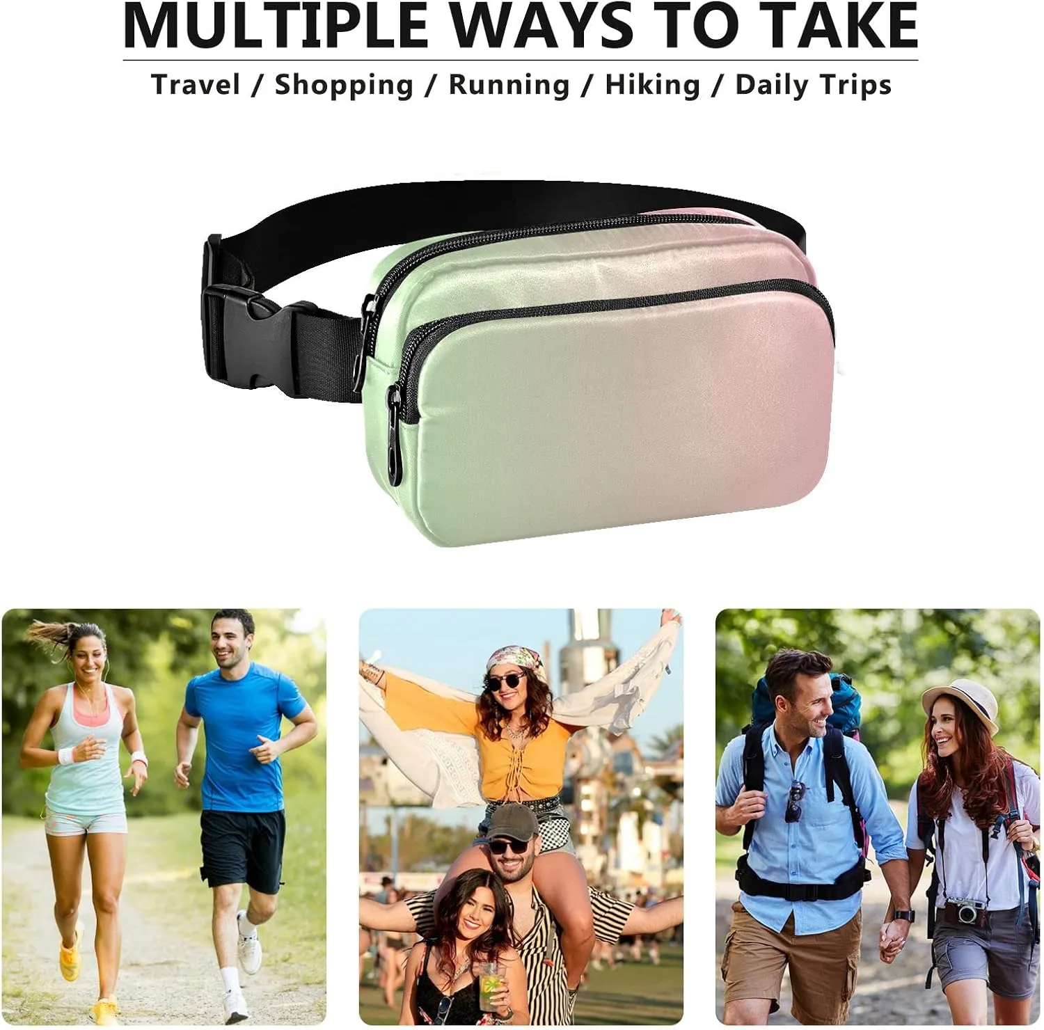 Green Pink Gradient Fanny Pack for Women Men Belt Bag Crossbody Waist Pouch Waterproof Everywhere Purse Fashion Sling Bag for Running Hiking Walking Travel