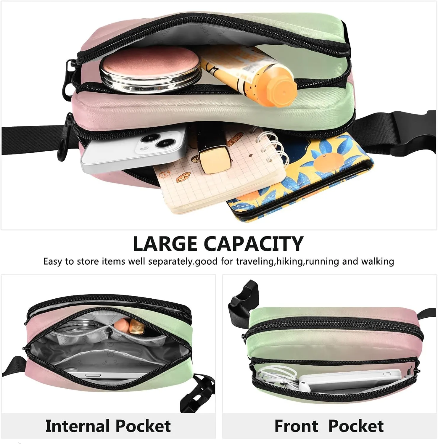 Green Pink Gradient Fanny Pack for Women Men Belt Bag Crossbody Waist Pouch Waterproof Everywhere Purse Fashion Sling Bag for Running Hiking Walking Travel