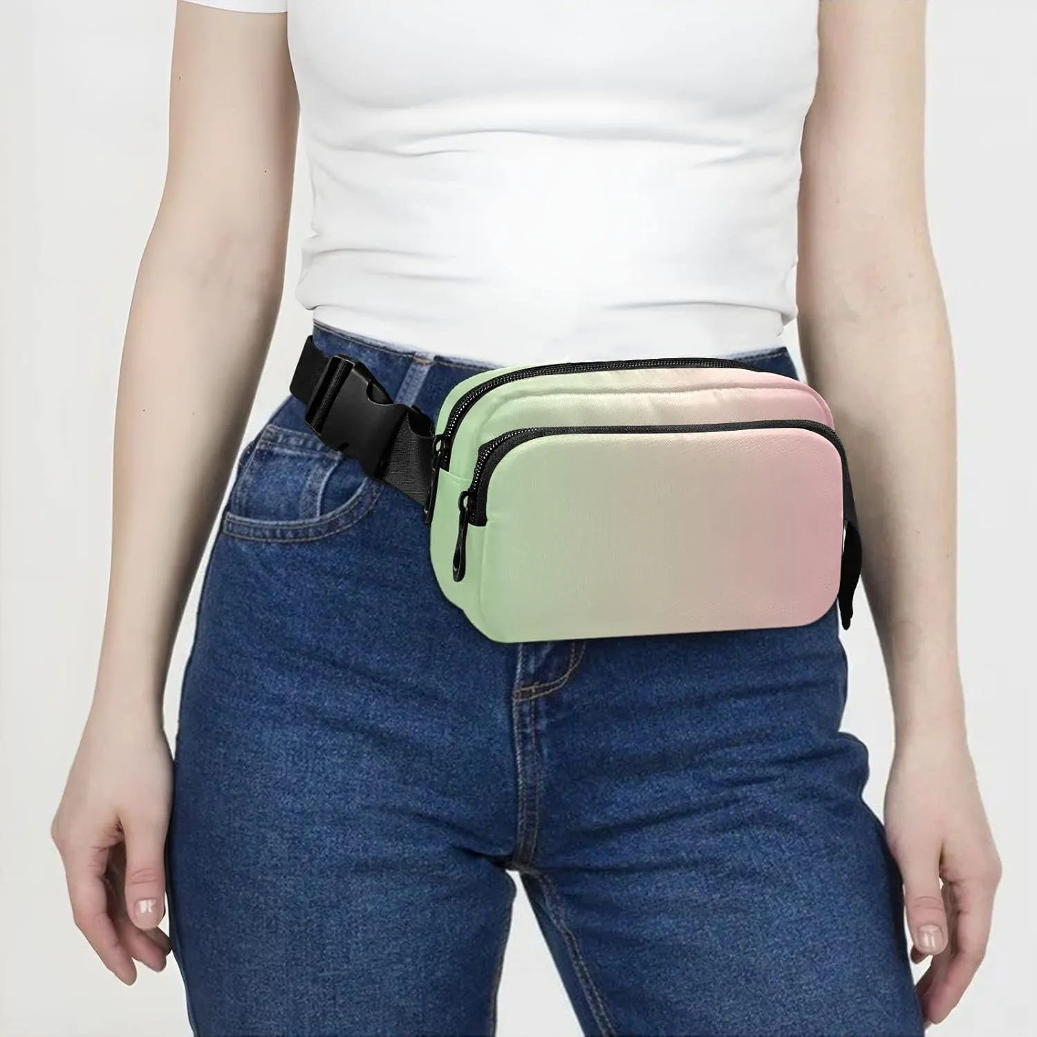 Green Pink Gradient Fanny Pack for Women Men Belt Bag Crossbody Waist Pouch Waterproof Everywhere Purse Fashion Sling Bag for Running Hiking Walking Travel