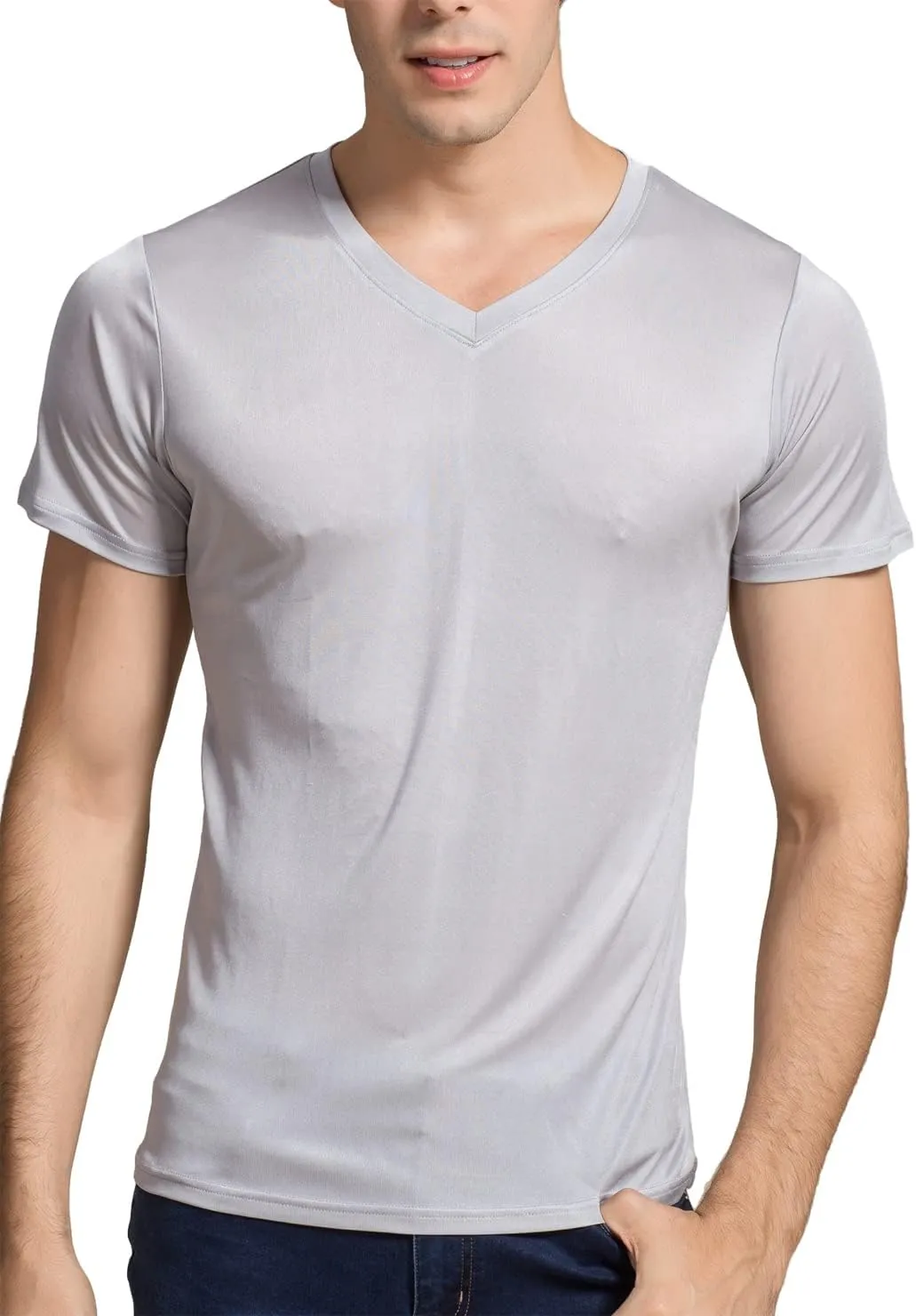 Grenasasilk Mens Mulberry Silk T-Shirts Short Sleeve Pure Silk Dress Tee Shirts Breathable & Moisture V-Neck Undershirt Top