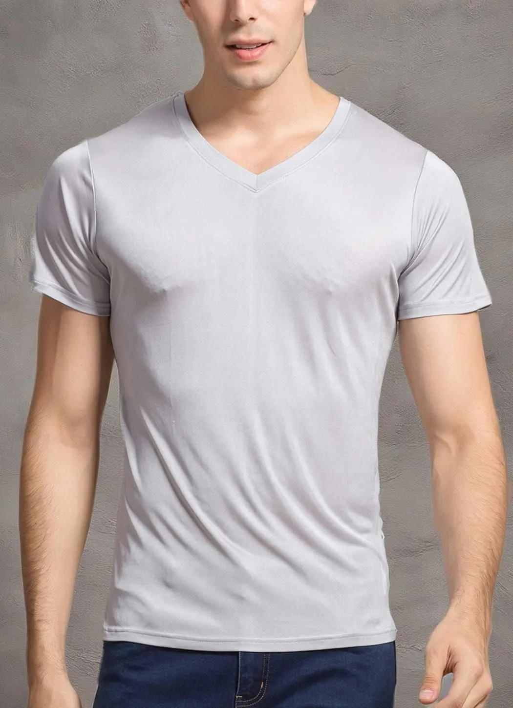 Grenasasilk Mens Mulberry Silk T-Shirts Short Sleeve Pure Silk Dress Tee Shirts Breathable & Moisture V-Neck Undershirt Top