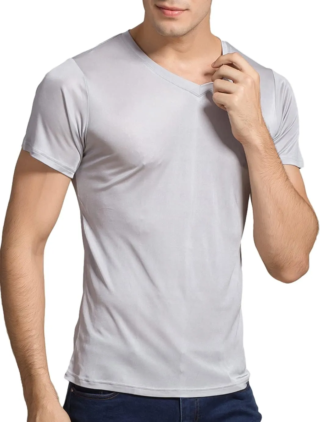 Grenasasilk Mens Mulberry Silk T-Shirts Short Sleeve Pure Silk Dress Tee Shirts Breathable & Moisture V-Neck Undershirt Top