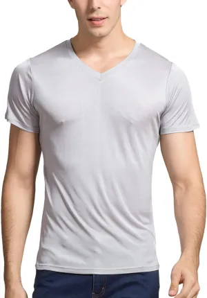 Grenasasilk Mens Mulberry Silk T-Shirts Short Sleeve Pure Silk Dress Tee Shirts Breathable & Moisture V-Neck Undershirt Top