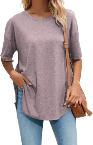 Halife Women's Oversized T Shirts Summer Crew Neck Short Sleeve T-Shirt Split Curved Hem Basic Casual Loose Tunic Tops Tshirt