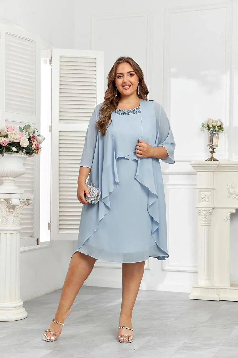 Hanna Nikole Womens Plus Size Dress with Jacket 2 Piece Wedding Guest Dresses Flowy Mother of The Bride Dress