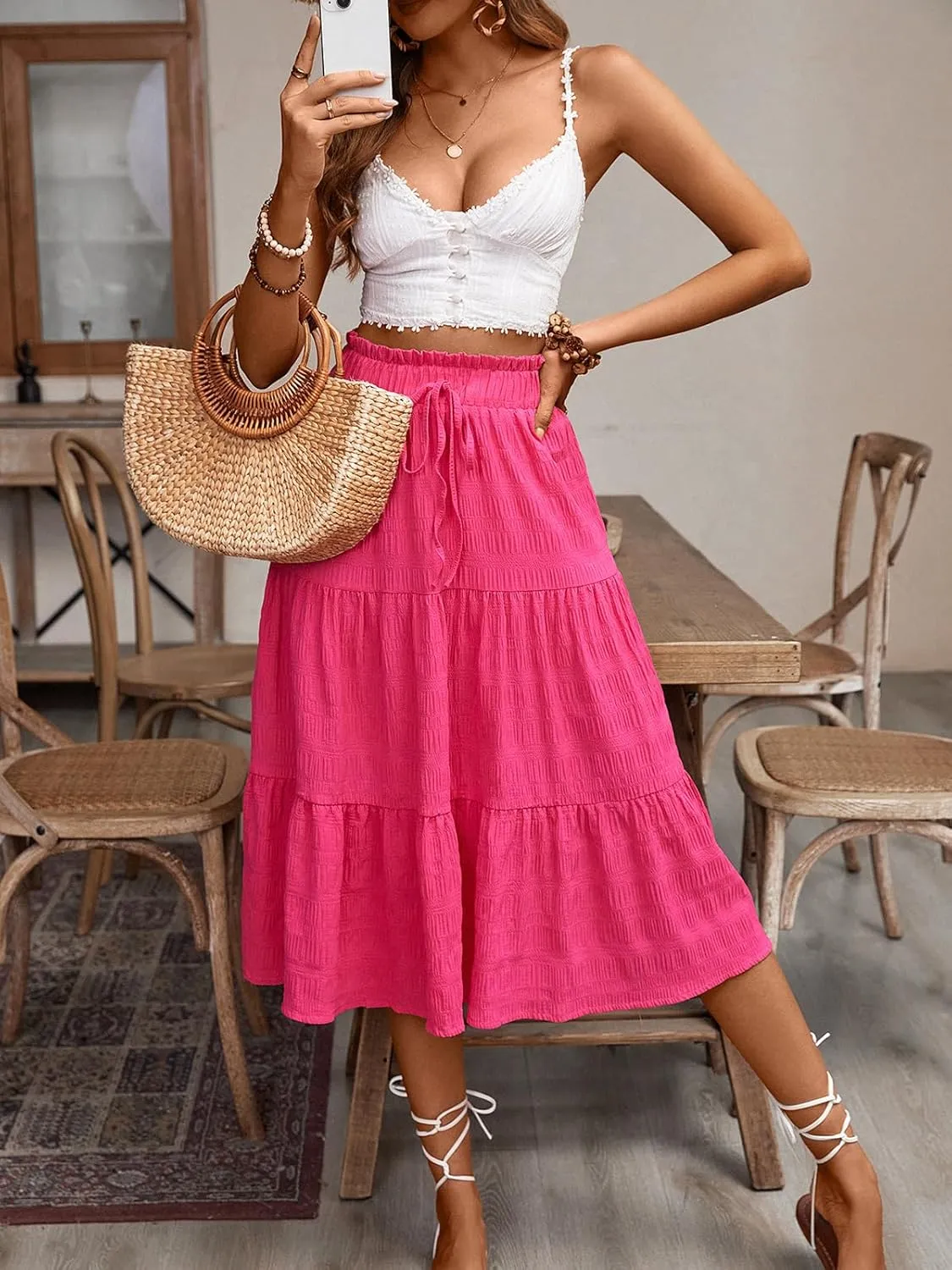 HELYO Women's Casual Summer Skirts Boho High Elastic Waisted Flowy Drawstring Ruched A Line Tiered Midi Dress Skirt