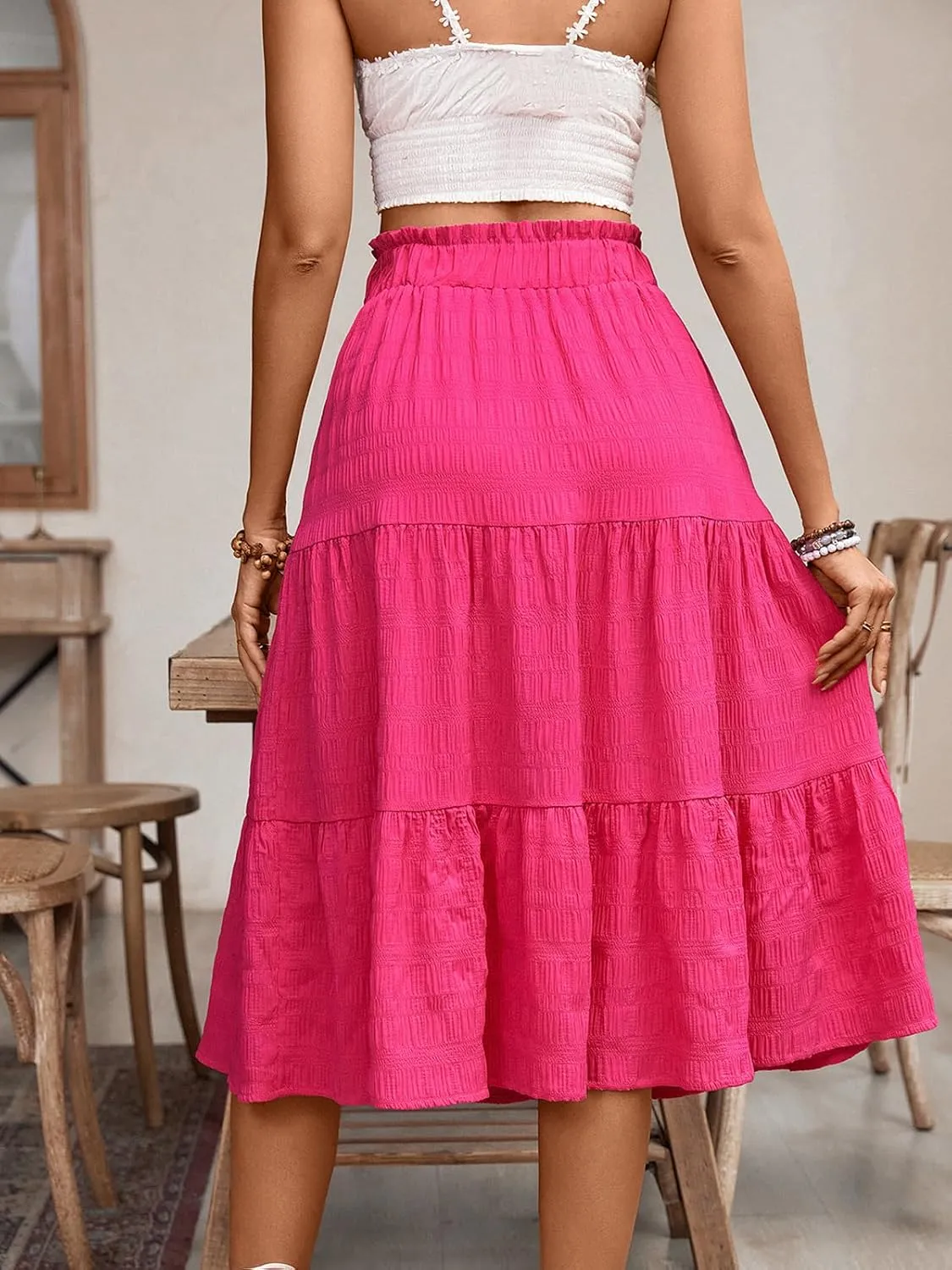 HELYO Women's Casual Summer Skirts Boho High Elastic Waisted Flowy Drawstring Ruched A Line Tiered Midi Dress Skirt