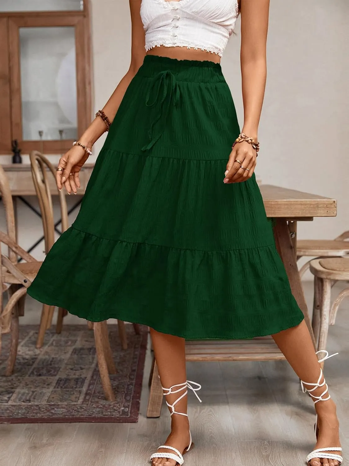 HELYO Women's Casual Summer Skirts Boho High Elastic Waisted Flowy Drawstring Ruched A Line Tiered Midi Dress Skirt